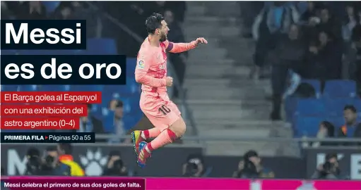  ?? JORDI COTRINA ?? Messi celebra el primero de sus dos goles de falta.