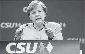  ?? AP/MATTHIAS BALK ?? German Chancellor Angela Merkel, at a campaign event Sunday in Munich, said the days when Europe could rely on others was “over to a certain extent.”