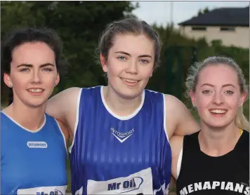  ??  ?? The top three in the women’s 200m (from left): Sophie McCabe, Bree (second), Aoife Rochford, Bree (first) and Chloe Whelan, Menapians (third).