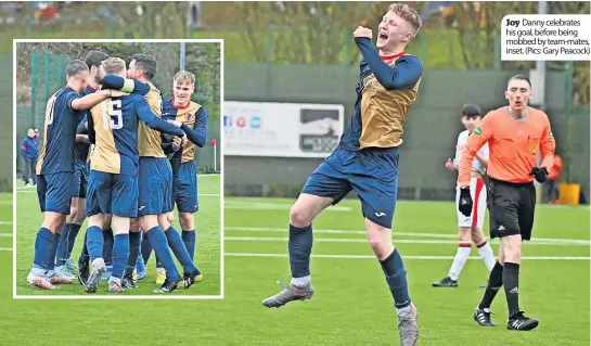  ?? ?? Joy Danny celebrates his goal, before being mobbed by team-mates, inset. (Pics: Gary Peacock)