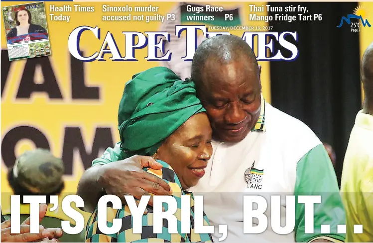 ?? Picture: Motshwari Mofokeng/African News Agency/ANA ?? UNITED: Nkosazana Dlamini Zuma congratula­tes Cyril Ramaphosa moments after it was announced he had beat her in the race for the ANC presidency.