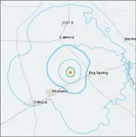  ?? ?? This map provided by the U.S. Geological Survey shows the epicenter of Monday evening’s 4.5-magnitude earthquake located between Big Spring and Midland, north of Interstate 20 and Stanton. People as far away as Carlsbad, N.M., Lubbock and San Angelo reported feeling the quake.