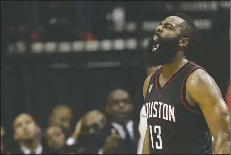  ?? The Associated Press ?? ROCKET MAN: In a matchup of MVP candidates, James Harden outplays former teammate Russell Westbrook as Houston routs visting Oklahoma City in their playoff series opener Sunday night. Game 2 is tonight in Houston.