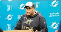  ?? CARLINE JEAN/SOUTH FLORIDA SUN SENTINEL ?? Dolphins general manager Chris Grier speaks during a pre-NFL draft press conference at he Baptist Health Training Complex in Miami Gardens on Tuesday.
