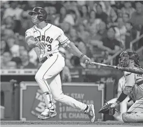  ?? TROY TAORMINA/ USA TODAY SPORTS ?? Astros shortstop Jeremy Pena hits a home run Thursday during the fourth inning against the Tigers.