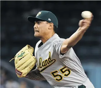  ?? — THE ASSOCIATED PRESS ?? Oakland’s Sean Manaea has yet to allow more than two runs in a game this year and continued that trend Sunday against Seattle.