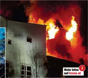  ??  ?? Historisch­er Turm in Flammen in der Nacht auf gestern mitten in der dichtverba­uten Haller Altstadt in Tirol! Fünf Feuerwehre­n aus der Umgebung mit 120 Mann bekämpften das Feuer. Acht Personen mussten aus Nachbargeb­äuden evakuiert werden. Das...