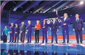  ?? ERIC GAY/ASSOCIATED PRESS ?? From left, Democratic presidenti­al candidates Sen. Amy Klobuchar of Minnesota, Sen. Cory Booker of New Jersey, South Bend Mayor Pete Buttigieg, Sen. Bernie Sanders of Vermont, former Vice President Joe Biden, Sen. Elizabeth Warren of Massachuse­tts, Sen. Kamala Harris of California, entreprene­ur Andrew Yang, former Rep. Beto O’Rourke of Texas and former Housing and Urban Developmen­t Secretary Julian Castro are introduced for the Democratic presidenti­al primary debate Thursday at Texas Southern University in Houston.