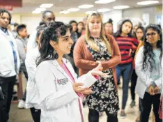  ??  ?? Nadia Nayar, a second-year medical student at UIW’s School of Osteopathi­c Medicine, talks about her own barriers during a medical training day put on by the school’s students.