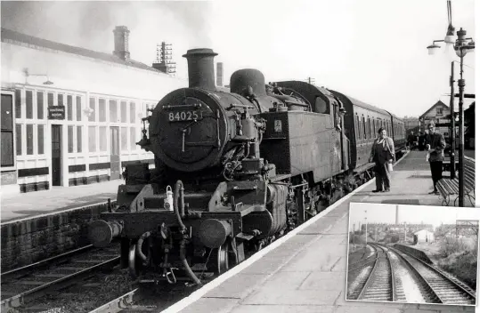  ??  ?? Above: BR ‘2MT’ No. 84025 is seen again after arrival at Chorley with the 4.57pm from Horwich on August 16, 1965. A friend of the author is chatting to the driver after they had both alighted from the footplate. The Horwich service was withdrawn from September 27 that year, while No. 84025 was withdrawn in December 1965.
Inset: A photo taken from the driving cab of the push-pull set while returning empty stock to Horwich; the train is approachin­g Blackrod Halt. The halt was situated just before the junction for Horwich, off the Manchester (Victoria) to Preston line. The station had a £1million refurbishm­ent in 2012.