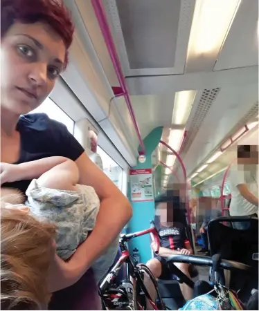  ??  ?? No manners: Bryony Esther posted this selfie to shame passengers who let her stand while she breastfed her daughter. We have pixelated it to preserve their anonymity
