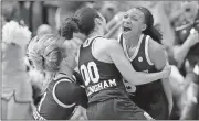  ?? File, LM Otero / AP ?? Mississipp­i State players celebrate after defeating Connecticu­t in the semifinals of the women’s Final Four.