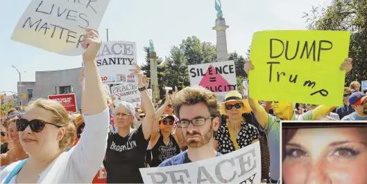  ?? AP PHOTO ?? PROTESTING FOR PEACE: Protesters listen during a ‘Peace and Sanity’ rally yesterday in New York, as speakers address violence by white nationalis­ts in Charlottes­ville, Va., on Saturday, which included Heather Heyer, 32, inset, being struck and killed...