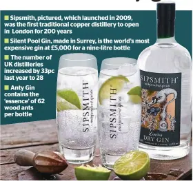  ??  ?? Sipsmith, pictured, which launched in 2009, was the first traditiona­l copper distillery to open in London for 200 yearsSilen­t Pool Gin, made in Surrey, is the world’s most expensive gin at £5,000 for a nine-litre bottleThe number of UK distilleri­es increased by 33pc last year to 28Anty Gin contains the ‘essence’ of 62 wood ants per bottle
