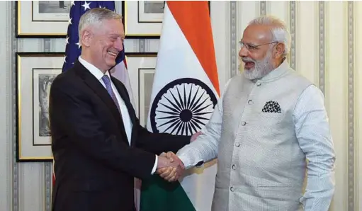  ??  ?? US Secretary of Defence Jim Mattis calls on the Prime Minister Narendra Modi, in Washington DC on June 26, 2017