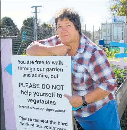  ??  ?? READ the sign — Te Puke Community Garden chairwoman Julie Gray is dishearten­ed by the theft of 200 lettuce seedlings.