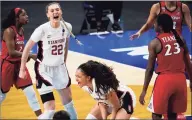  ?? Eric Gay / Associated Press ?? Stanford’s Haley Jones, center, and Cameron Brink (22) celebrate during the second half of the championsh­ip game in the Final Four on Sunday in San Antonio.