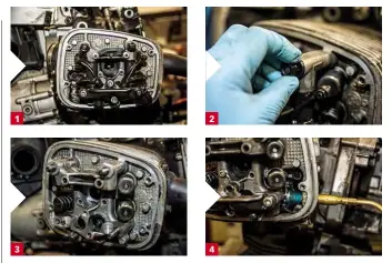  ??  ?? 1/ Looking at the head in line with the plug, which can be seen in the crusty hole in the middle. 2/ Undoing one of the head nuts that holds the rocker gear in place. 3/ With the rockers removed you can see the followers taking motion from the cam lobes. 4/ Oh dear, more propane to release the cam sprocket bolt.