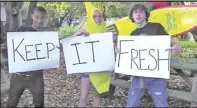  ??  ?? From left, Tyler Shanks, Wyneth Thompson and Richie Pratt in the Rappahanno­ck Farm-to-Table program's first music video.