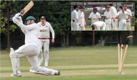  ??  ?? Cheadle’s Ben Degg is bowled in the encounter against Meakins. Inset: Meakins celebrate a wicket. Pictures: Steve Bould