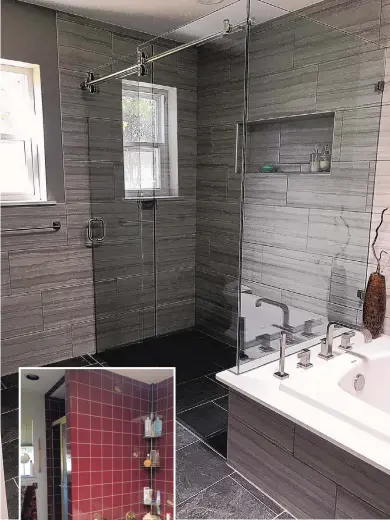  ?? COURTESY OF AMERICAN DESIGN AND REMODELING ?? A before, left, and after look at a bathroom by American Design and Remodeling.