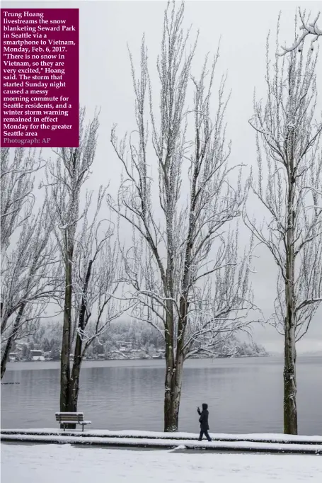  ?? Photograph: AP ?? Trung Hoang livestream­s the snow blanketing Seward Park in Seattle via a smartphone to Vietnam, Monday, Feb. 6, 2017. "There is no snow in Vietnam, so they are very excited," Hoang said. The storm that started Sunday night caused a messy morning...