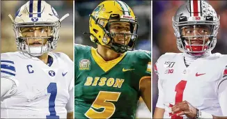  ?? ASSOCIATED PRESS PHOTOS ?? Zach Wilson (left, BYU), Trey Lance (North Dakota State) and Justin Fields (Ohio State) are among quarterbac­ks poised to be first-round picks in the 2021 NFL draft. A record could be set with four QBS going in the top four if the Falcons draft Matt Ryan’s successor or trade down to a Qb-needy team.