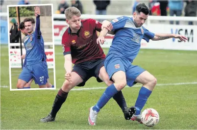  ?? Pic: Richard Birch ?? Dan Nardiello (blue) in possession for Bangor City (main) and (inset) two-goal hero Henry Jones