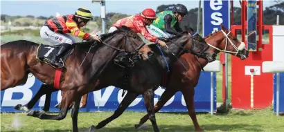  ??  ?? GOOD DEBUT. Still I Rise flies up under jockey Morne Winnaar to touch off favourite Bid Before Sunset (Grant van Niekerk) in Race 2 at Kenilworth on Saturday in what looks to be a very promising debut for the Joey Ramsden-trained filly.