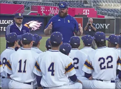  ?? KARINA LOPEZ PHOTO ?? Southwest High head baseball coach talks to his players before their game against Brawley Union High at Petco Part in San Diego on Friday night.