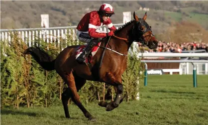  ?? Photograph: Tom Jenkins/The Guardian ?? Tiger Roll, who has won the last two Grand Nationals, jumps the final fence and goes on to finish second in the cross-country chase at the Cheltenham Festival.