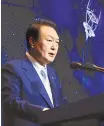  ?? Yonhap ?? President Yoon Suk-yeol speaks at an event to unveil South Korea’s space economy roadmap at JW Marriot Hotel in southern Seoul, Monday.