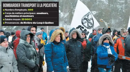  ?? PHOTO SIMON CLARK ?? Des travailleu­rs de Bombardier Transport à La Pocatière ont manifesté dehors, hier midi, pour tenter de faire comprendre au gouverneme­nt fédéral que l’exigence de contenu local était un enjeu important pour soutenir l’entreprise.