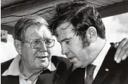  ?? ASSOCIATED PRESS ?? Bill France Sr. (left) and son Bill France Jr. confer in Dayton Beach in 1972. Bill Sr. was a racing enthusiast who saw Daytona Beach as a fit for his family.