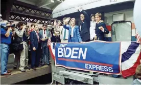  ??  ?? Joe Biden with his family in Wilmington in June 1987 as he announces his candidacy for president. Biden dropped out amid accusation­s he plagiarize­d a speech by Neil Kinnock. Photograph: George Widman/AP