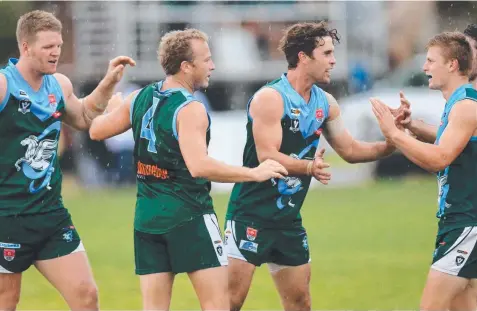  ?? Picture: PETER RISTEVSKI ?? FITTING FINISH: Tim Clark (No.4) celebrates with Geelong Amateur teammates earlier this season. The veteran will line-up for what Ammos co-captain Ben Lavars hopes will be another BFL premiershi­p against Torquay on Saturday.