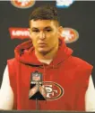  ?? Josie Lepe / Associated Press ?? The 49ers’ Nick Mullens lost track of the downs at the end of the win over the Broncos.