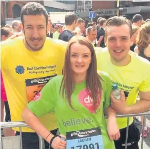  ??  ?? Jacques Pierre Menguy (right) with work colleague Martin Kent and friend Lauren Riley at last year’s Manchester 10k race