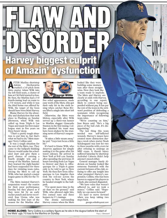  ?? Paul J. Bereswill ?? HOME ALONE: Terry Collins is a solitary figure as he sits in the dugout before the start of the Mets’ ugly 7-0 loss to the Marlins on Sunday.