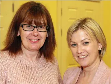  ??  ?? Elaine Byrne and Noeleen Kenny enjoying their night out at Craanford Drama Group’s production of ‘Cupid Wore Shirts’ in Craanford Community Centre.