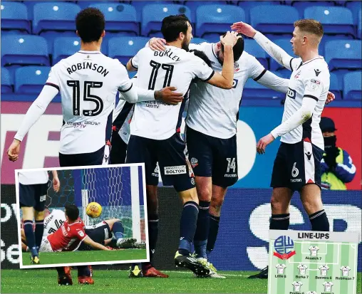  ?? PICTURES: AHPIX ?? MAD FOR IT: Bolton players surround Gary Madine after his first goal, inset