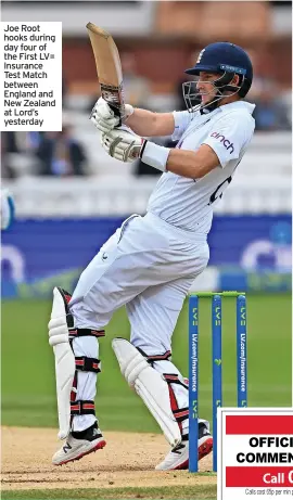  ?? ?? Joe Root hooks during day four of the First LV= Insurance Test Match between England and New Zealand at Lord’s yesterday