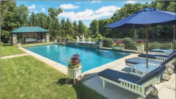  ??  ?? Among the long list of amenities at 435 Round Hill Road – Stone Hill – are a tranquil pool, pool house and pool pavilion.