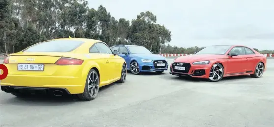  ??  ?? IZIMOTO ezintathu, iTTRS, RS3 Sportback neRS5 u-Audi afuna ukudlisela ogageni ngazo izimbangi zakhe zaseJalima­ne