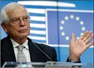  ?? (AP/Olivier Hoslet) ?? “Although there is a clear will to adopt those sanctions, it has not been possible to do that today because the required unanimity was not reached,” European Union foreign policy chief Josep Borrell said after Monday’s meeting in Brussels.