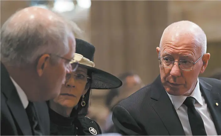  ?? Bianca De Marchi / AAP Image ?? Governor-general David Hurley (right) and his wife, Linda, with then prime minister Scott Morrison at a special prayer service to commemorat­e the death of Prince Philip, held the day before Morrison asked to be appointed Resources minister.