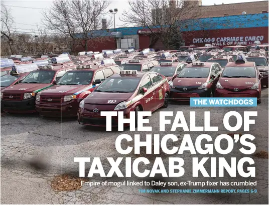  ?? ANTHONY VAZQUEZ/SUN-TIMES ?? Cabs that were part of Symon Garber’s taxicab empire sit idle at his Chicago Carriage Cab Co. headquarte­rs, 2617 S. Wabash Ave.