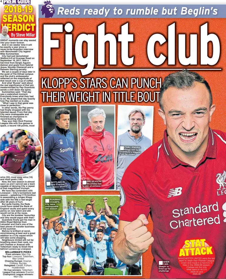  ??  ?? SETTLING IN: ■
New Everton boss Marco Silva ■ RUNAWAY CHAMPS: City were unstoppabl­e last season ■
BIG SEASON: Mourinho has to win silverware ■ CHALLENGER: Klopp will be Guardiola’s biggest rival for crown ■
XHER CAN: Shaqiri is fired-up for challenge
