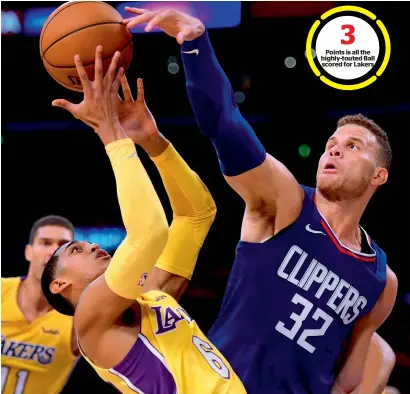  ?? AFP ?? Points is all the highly-touted Ball scored for Lakers Blake Griffin (No. 32) of the LA Clippers knocks the ball away from LA Lakers’ Jordan Clarkson (No. 6) in a 108-92 Clippers win. — 3