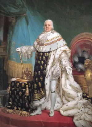  ??  ?? Portrait de Louis XVIII, dans ses habits de sacre (1824), de Baron Gérard ; Wellington Museum, à Londres. Le frère de Louis XVI a régné entre 1815 et 1824.